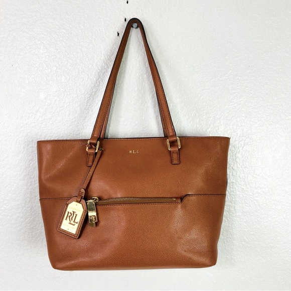 Lauren Ralph Lauren Whitney Pocket Brown Leather Tote 15” x 9” x 5” - Picture 3 of 12
